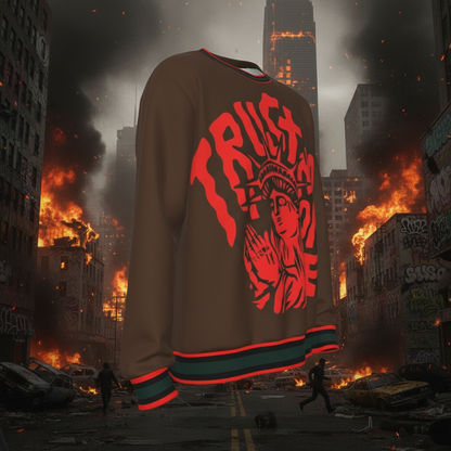 Brown sweatshirt with red graphic design on a city overrun by anarchy background