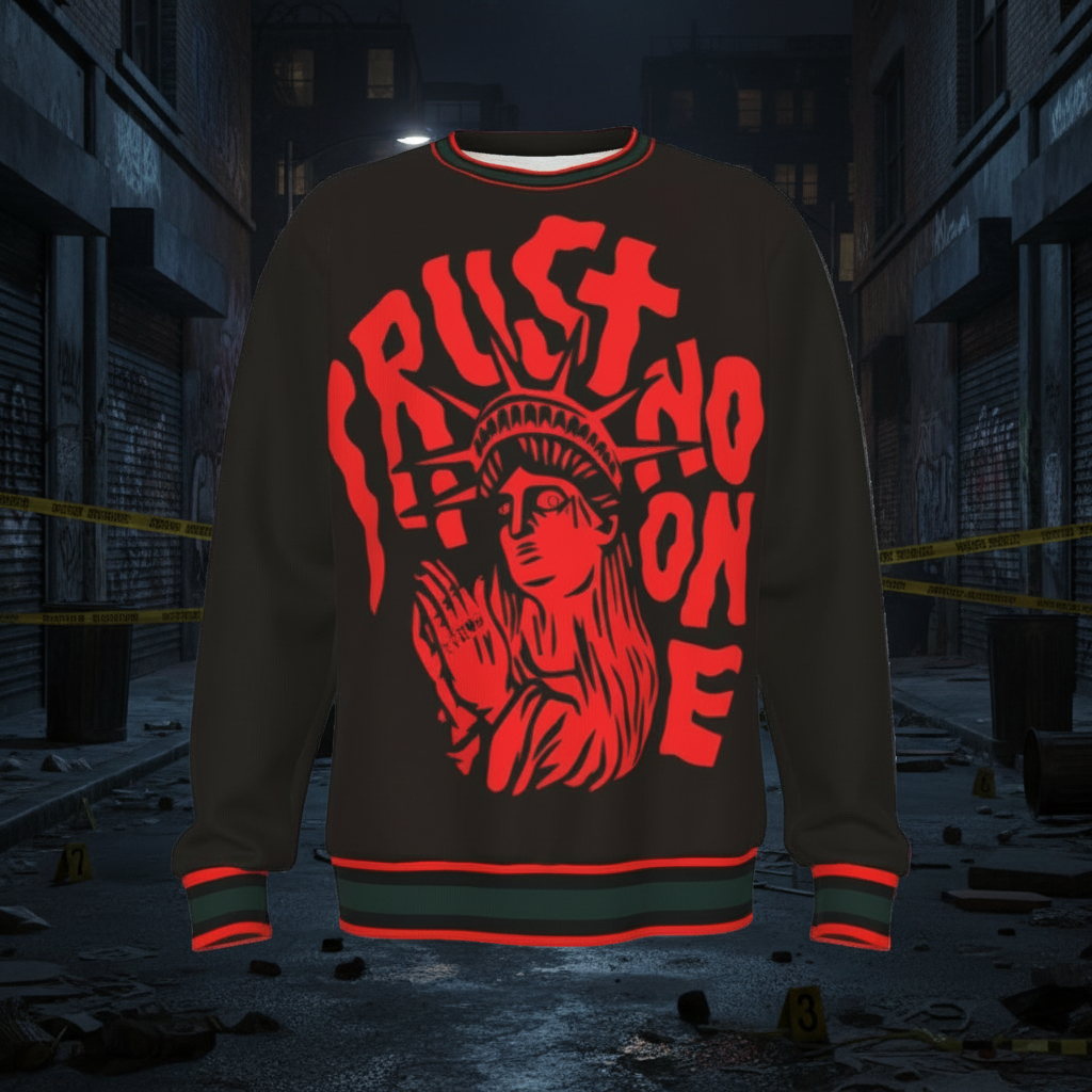 Brown sweatshirt with red graphic and text 'Trust No One' on a crime overridden background