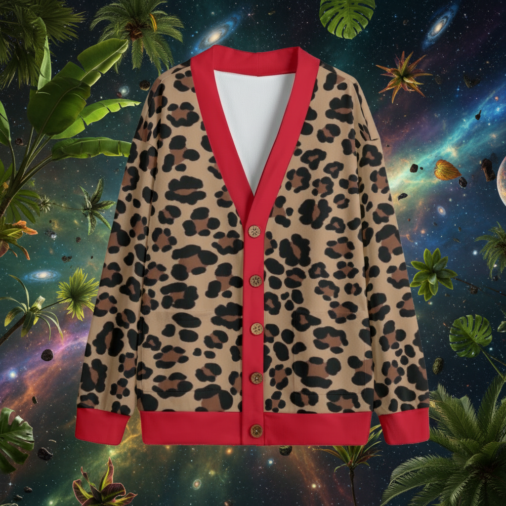 Leopard print cardigan with red trim on jungle in space background