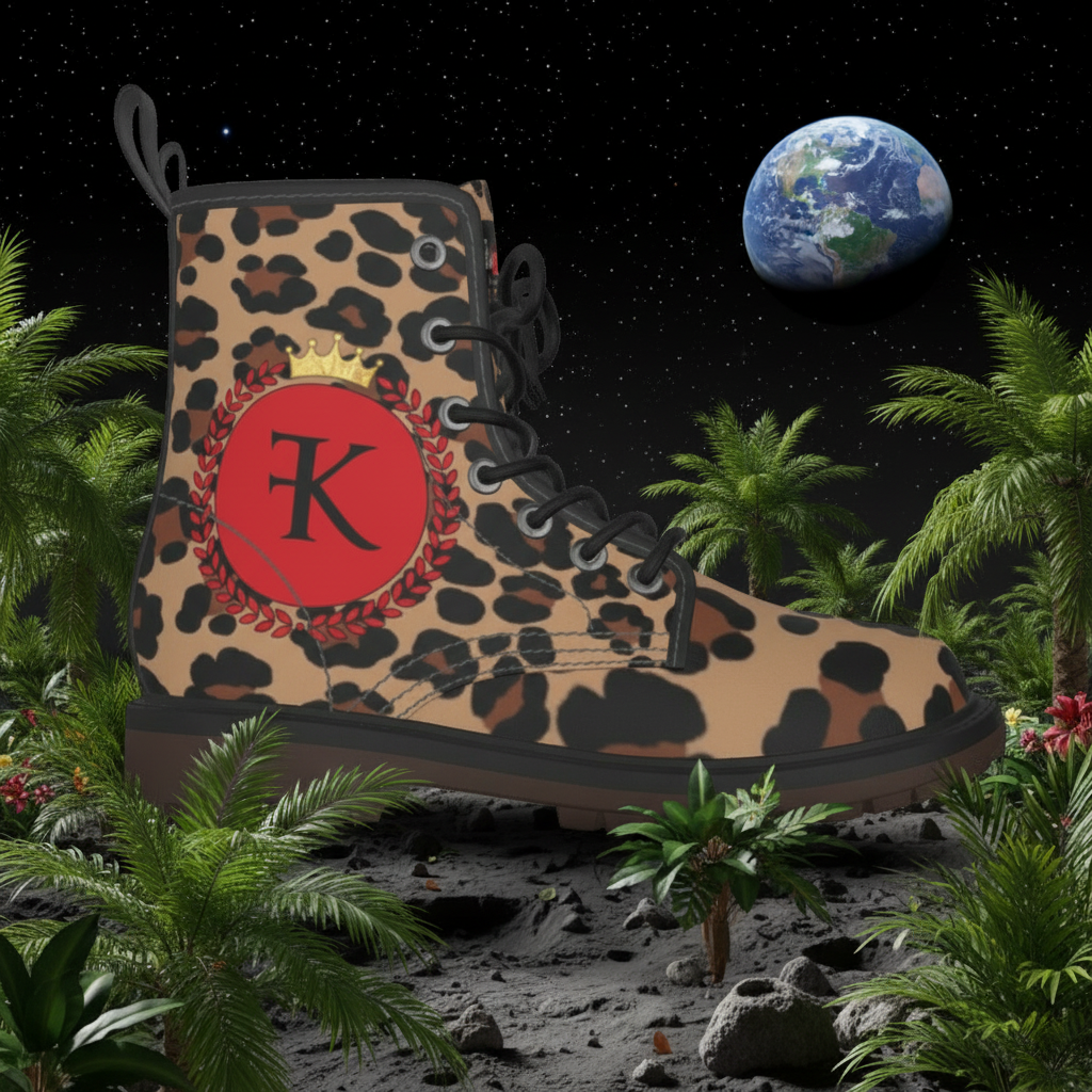 Leopard print boot with a red logo on a jungle on the moon background