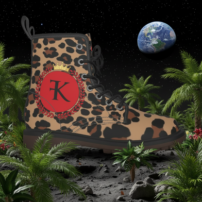 Leopard print boot with a red logo on a jungle on the moon background